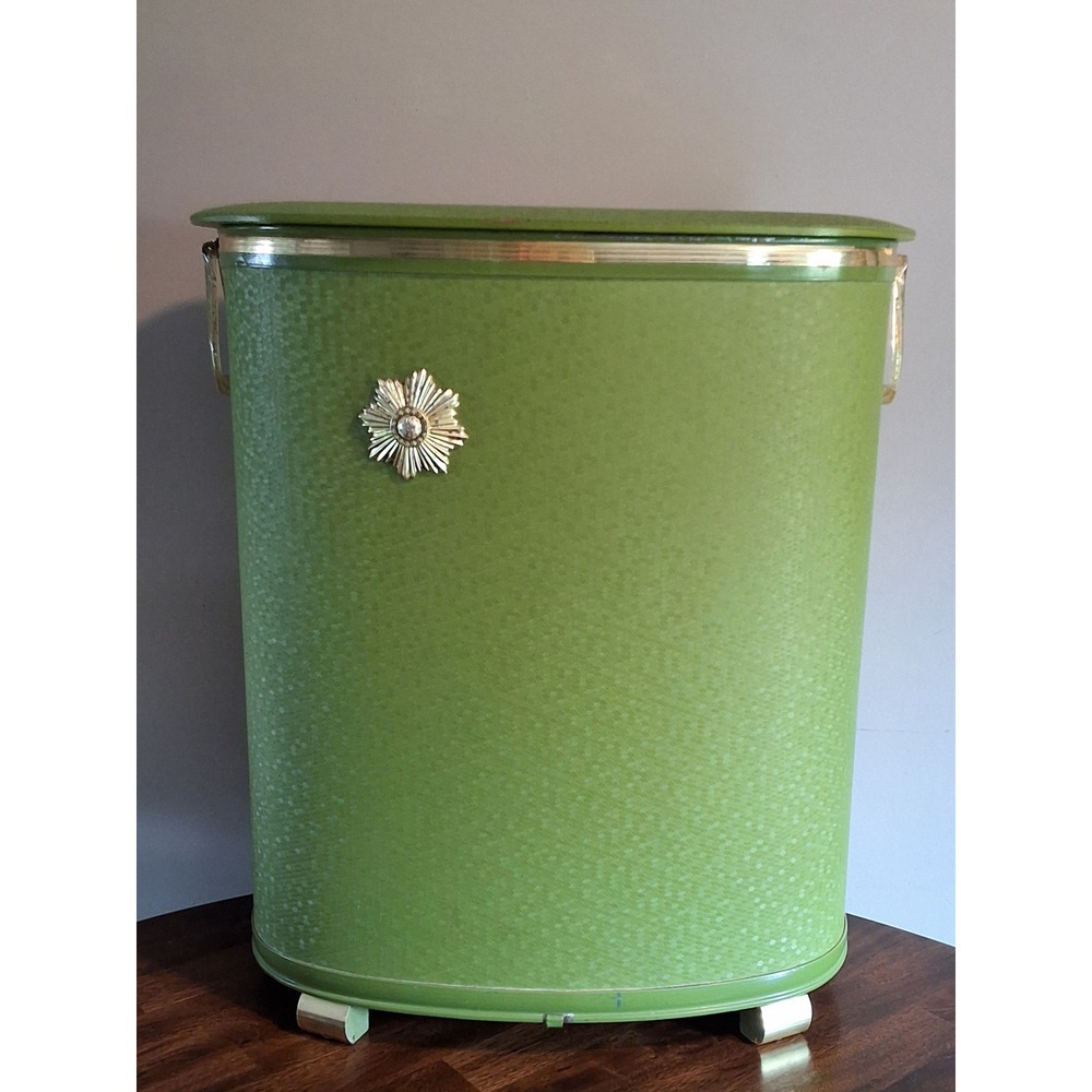 Vintage 1960s Avocado Green Wicker Laundry Hamper Starburst Mid Century Modern